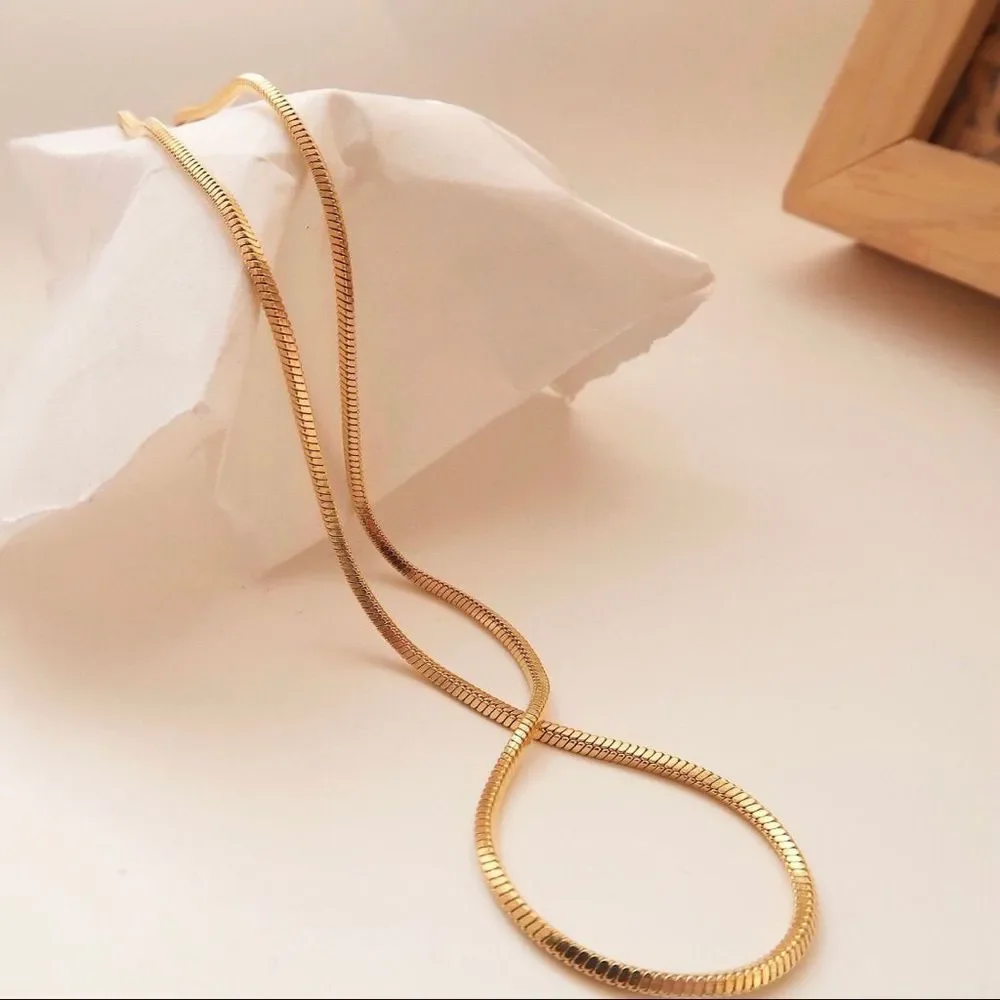 18K Thick Gold Plated Square Herringbone Chain Necklace